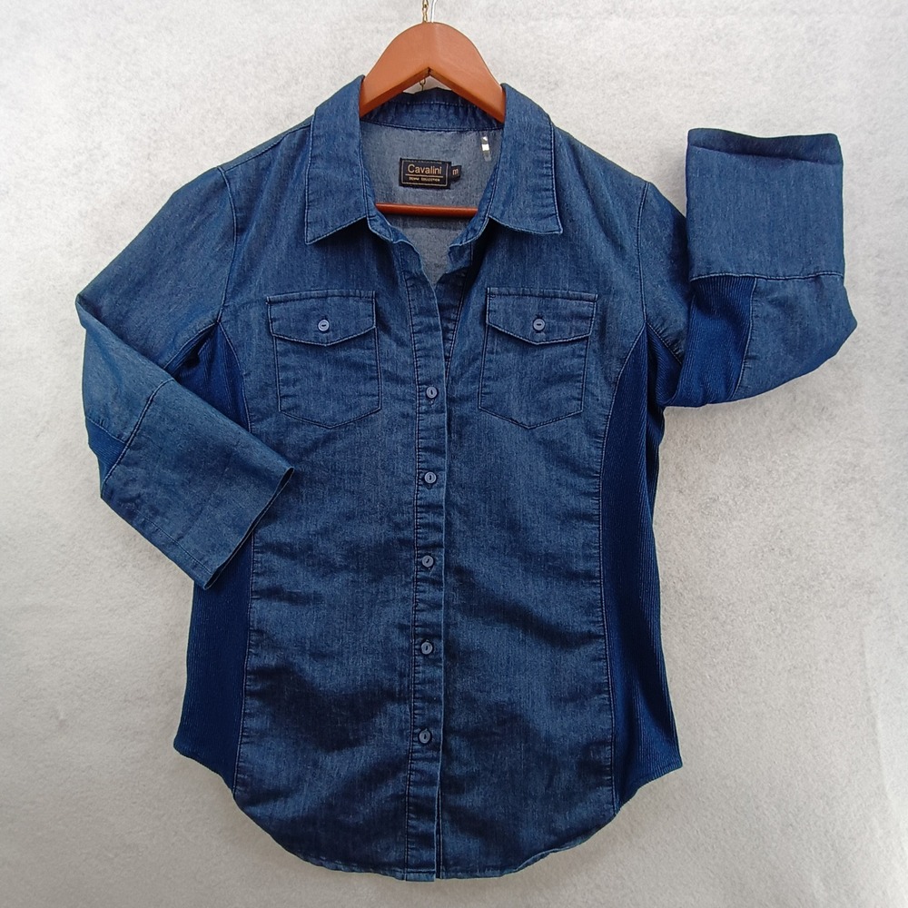Cavalini Denim Collection Shirt Women M Dark Wash Ribbed Stretch Side Panels